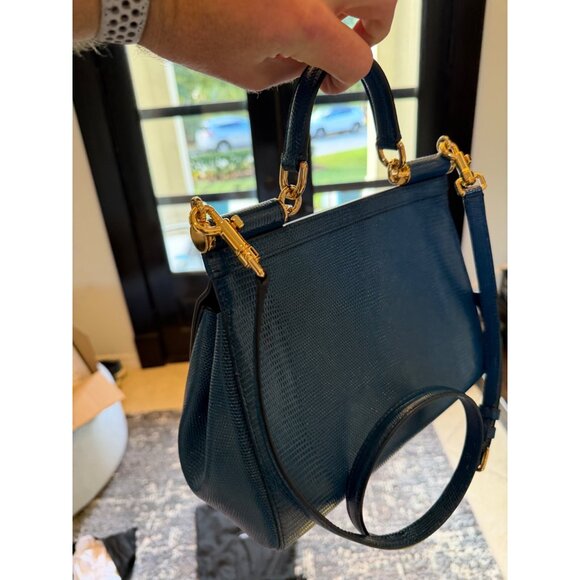 Dolce & Gabbana Blue Iguana Embossed Leather Crystal DG Logo Medium Miss Sicily - Picture 8 of 8